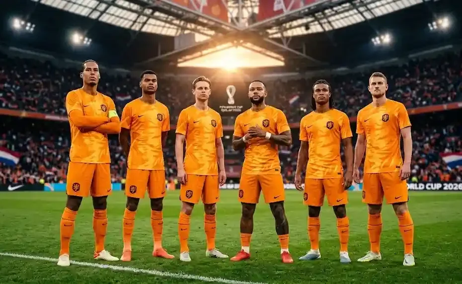 Nederlands Elftal spelers in het oranje tenue op het veld van de Johan Cruijff ArenA voor het WK 2026.