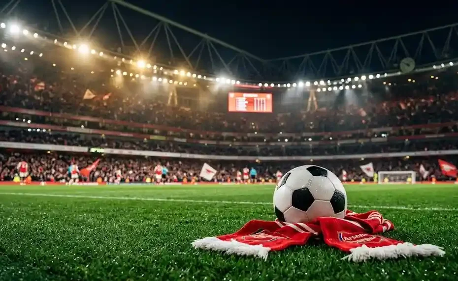 Dichte opname van een voetbal en een rode sjaal op het veld met op de achtergrond de stand Arsenal FC in de competitie op het scorebord van het Emirates Stadium.