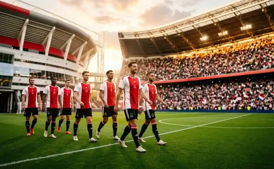 Ajax spelers lopen het veld van de Johan Cruijff ArenA op.