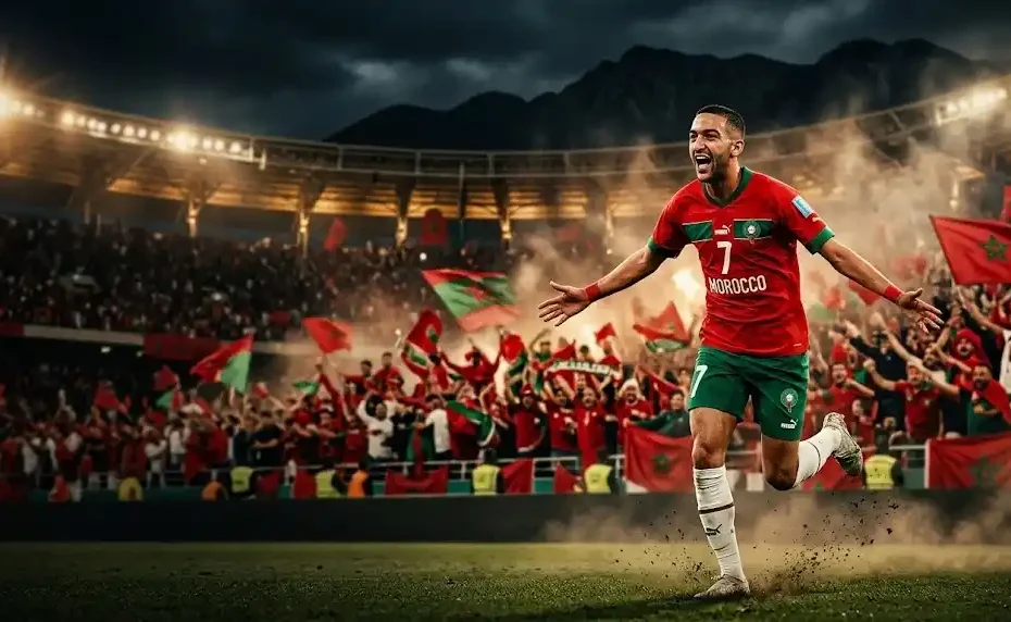 Een Marokkaanse speler viert een doelpunt in een stadion vol fans tijdens een marokko voetbal wedstrijd.