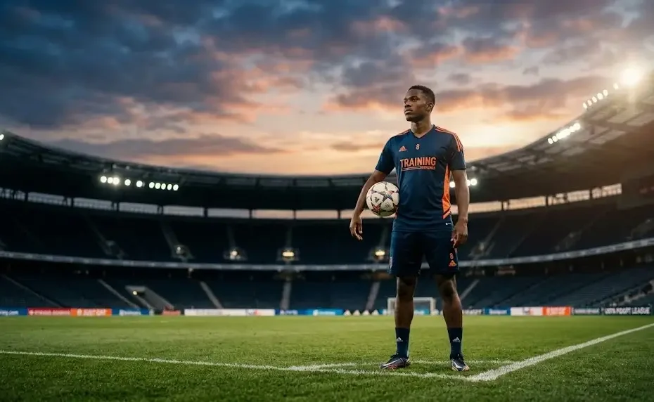 Jonge professionele voetballer in trainingstenue op het veld bij zonsondergang