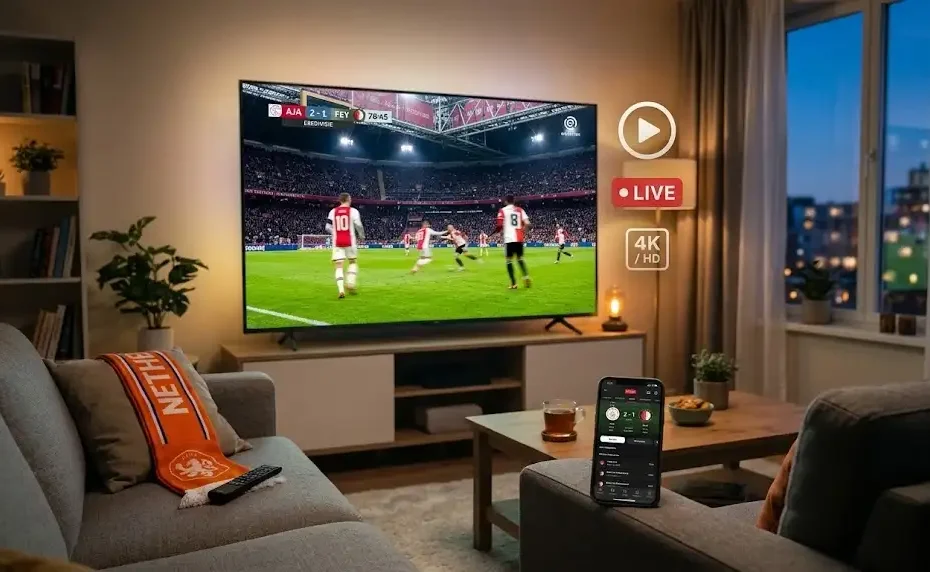 Sfeervolle woonkamer met een smart-tv die voetbal vandaag live uitzendt en een smartphone met streaming-app op tafel.