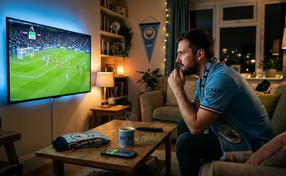 Een gepassioneerde voetbalfan die voetbal vandaag live kijkt op een grote tv en tegelijk live scores en statistieken checkt op zijn smartphone.